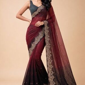 Elegant Maroon and Gold Embellished Saree